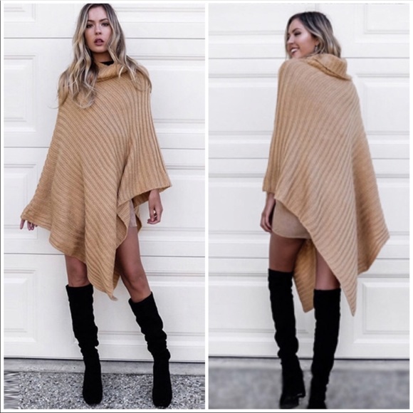 Sweaters - New! Khaki ribbed,turtleneck poncho